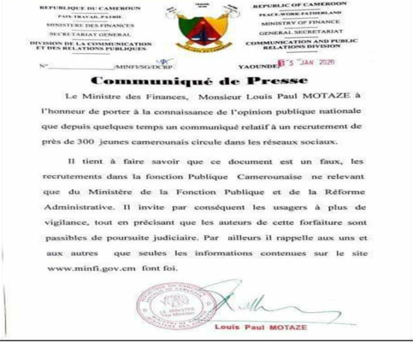 [Fact-Checking] Non, le Minfi ne recrute pas 300 jeunes camerounais