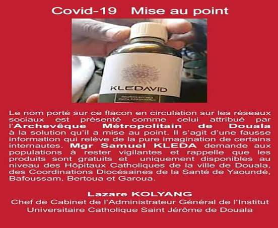 Covid-19 : Le flacon « KLEDAVID » attribué à Mgr Kleda a été monté de toutes pièces
