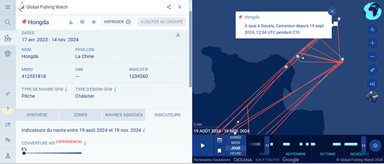 A screenshot of the traffic history of the Hongda vessel realized on November 19, 2025