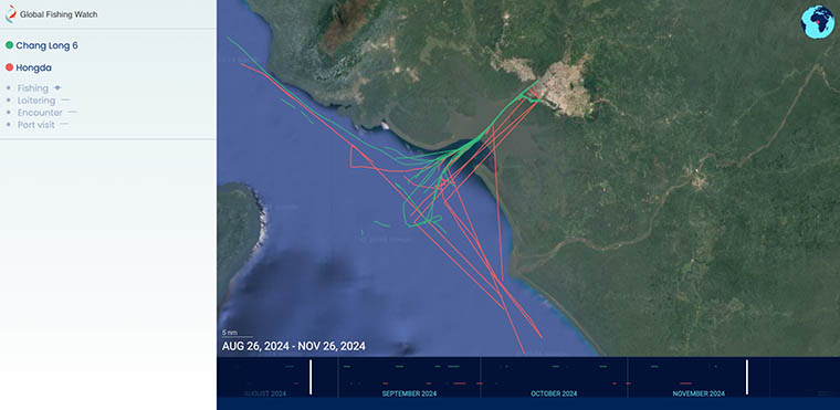 Une capture de la présence de Hongda et Chang Long 6 dans la ZEE du Cameroun réalisée le 26 novembre 2024